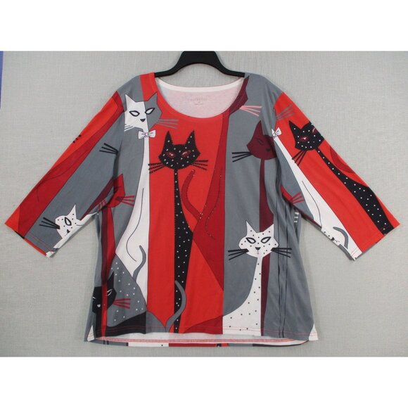 Catalog Favorites Multi-color Rhinestones 3/4 Sleave Cat Print Top 1X - Picture 1 of 11